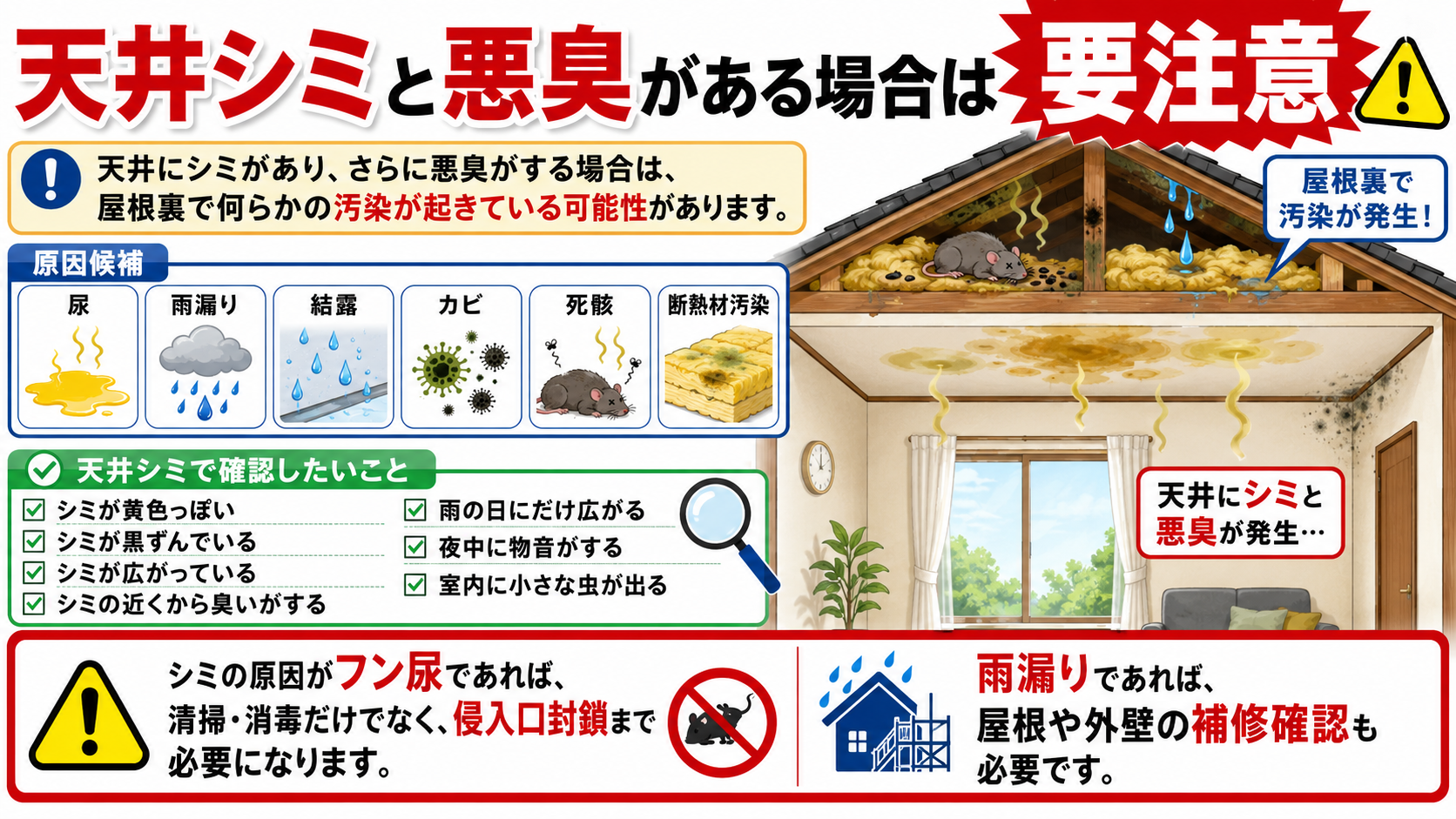 天井シミと悪臭が同時にある場合に、尿・雨漏り・結露・カビ・死骸・断熱材汚染など屋根裏の汚染原因と、確認ポイントや必要な対策を解説した画像