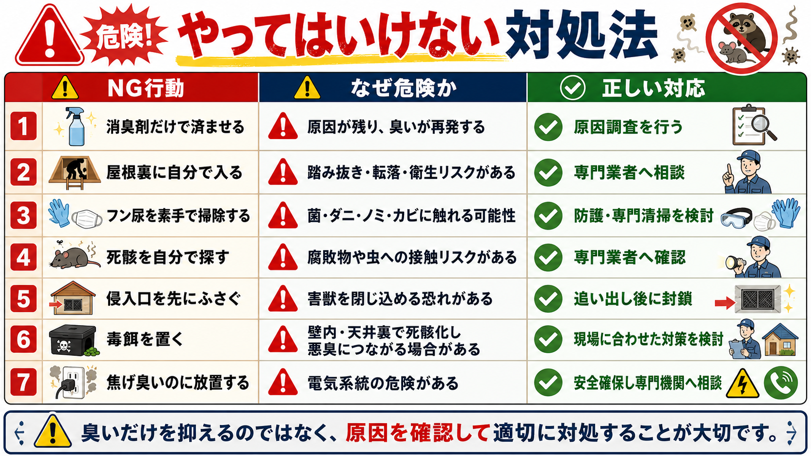 天井から悪臭がするときにやってはいけない対処法として、消臭剤だけで済ませる・屋根裏に自分で入る・フン尿や死骸を自分で処理する・侵入口を先にふさぐ・毒餌を置くなどの危険性と正しい対応を比較した表