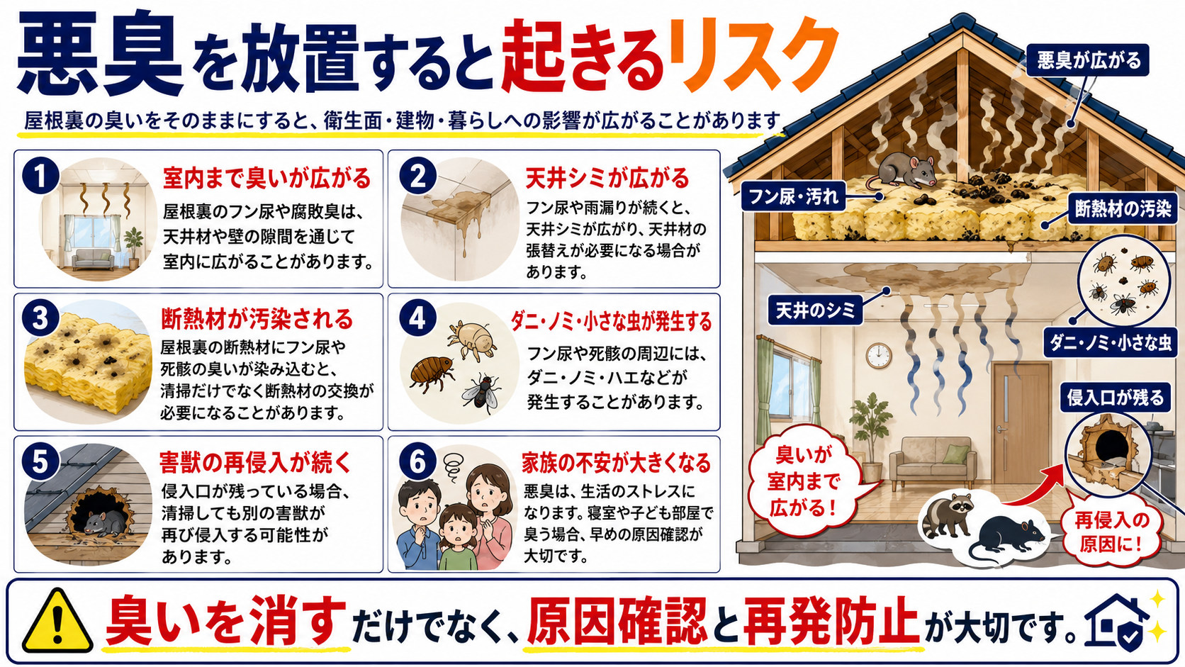 悪臭を放置した場合に、室内への臭い拡大、天井シミの広がり、断熱材汚染、ダニ・ノミ・小さな虫の発生、害獣の再侵入、家族の不安増大などのリスクを解説した画像