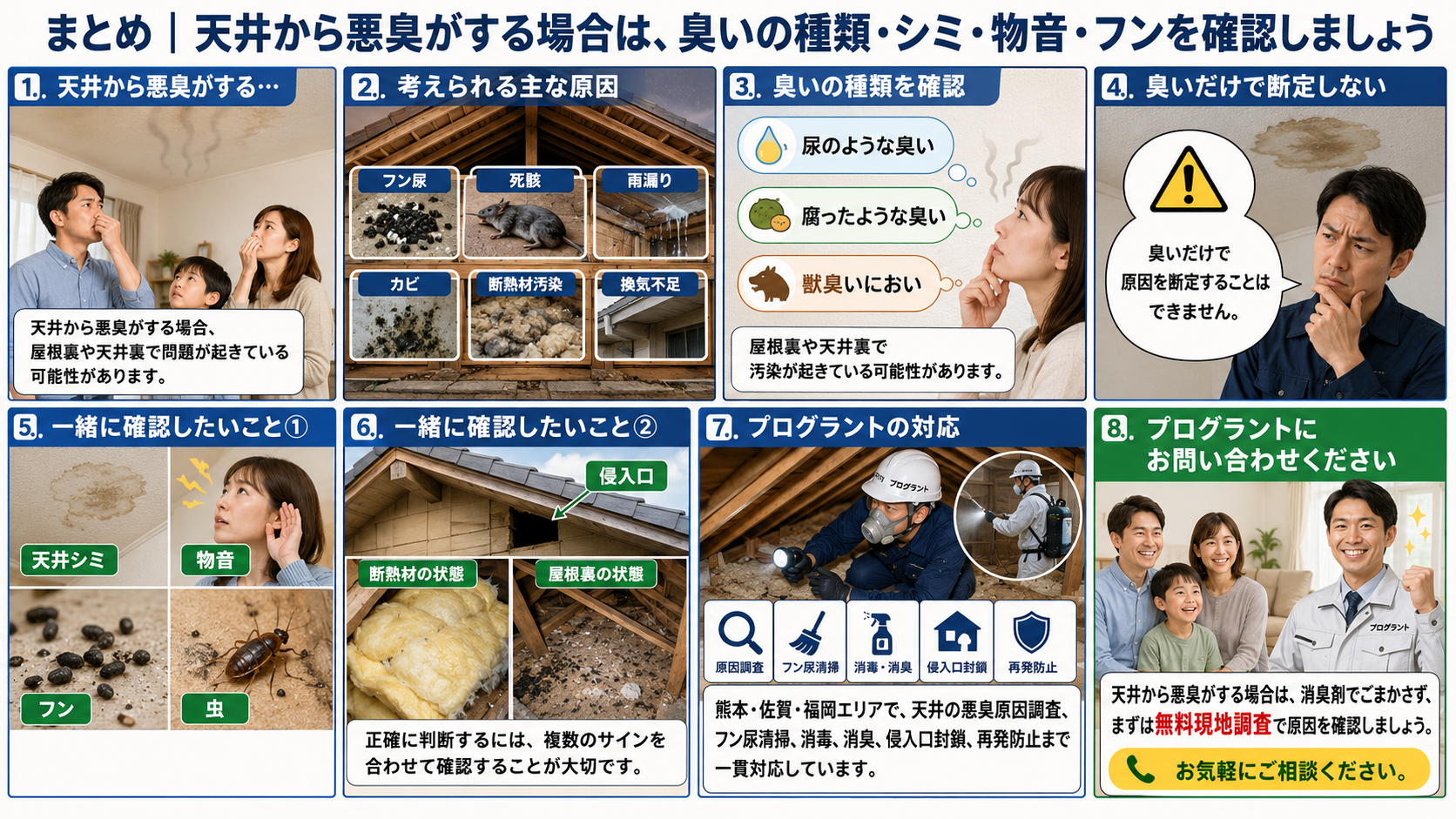 天井から悪臭がする場合に、臭いの種類・天井シミ・物音・フン・虫・侵入口・断熱材の状態を確認し、プログラントが原因調査から清掃消毒消臭、侵入口封鎖、再発防止まで対応する流れを8コマで解説した画像