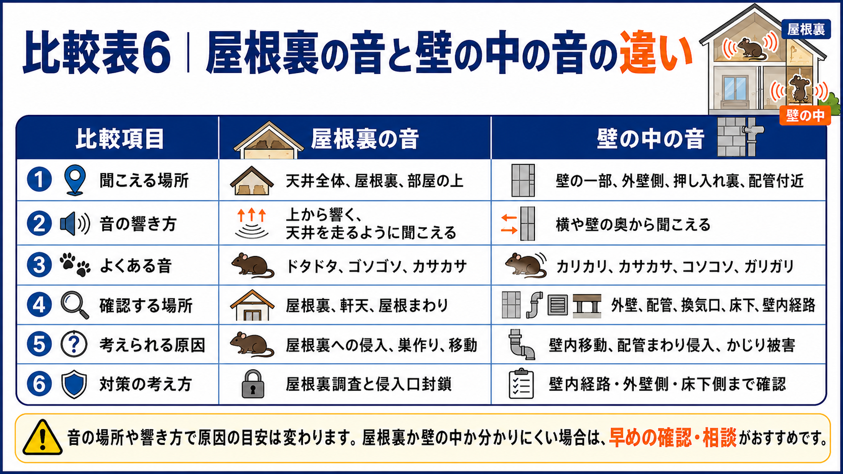 屋根裏の音と壁の中の音の違いを、聞こえる場所、音の響き方、よくある音、確認場所、原因、対策の考え方で比較した表"