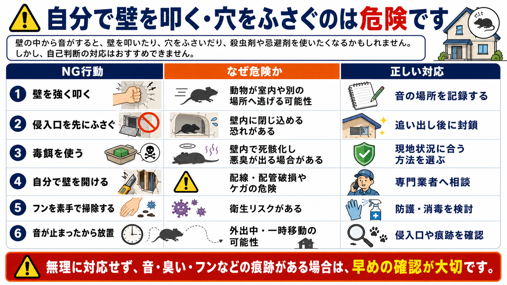 壁の中から音がするときに、自分で壁を叩く・侵入口をふさぐ・毒餌を使う・壁を開けるなどの危険な対処法と、正しい対応をまとめた解説図"