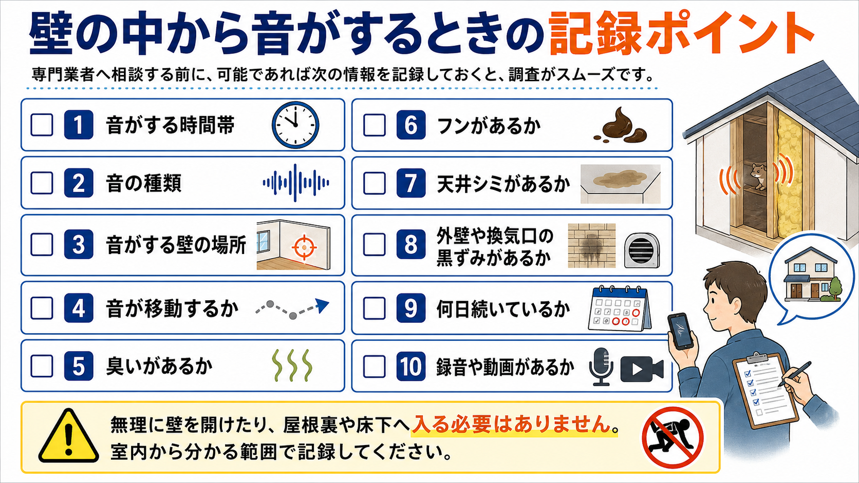壁の中から音がするときに記録しておきたい、音の時間帯・種類・場所・移動・臭い・フン・天井シミ・黒ずみ・継続日数・録音や動画の有無をまとめたチェックリスト"