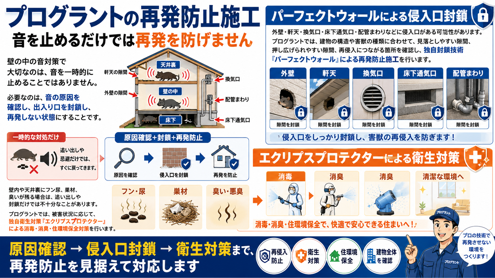 プログラントの再発防止施工として、パーフェクトウォールによる侵入口封鎖と、エクリプスプロテクターによる消毒・消臭・衛生対策をまとめた解説図"
