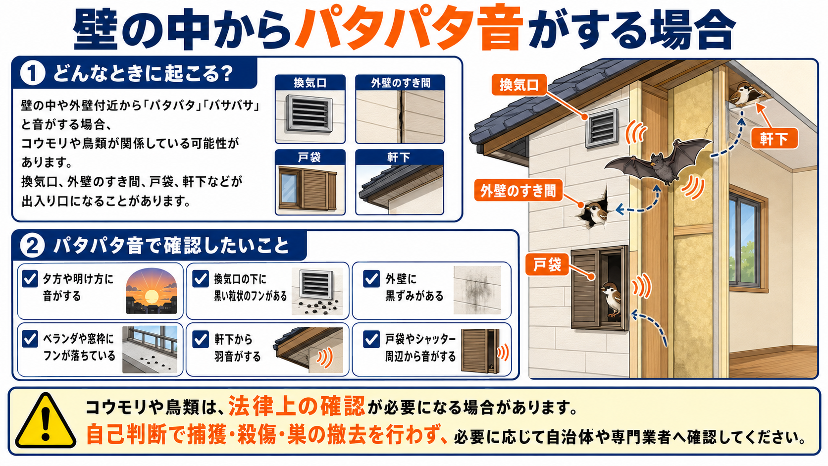 "壁の中からパタパタ音がする場合に、コウモリや鳥類の可能性、換気口や軒下などの確認ポイント、法律上の注意点をまとめた解説図"
