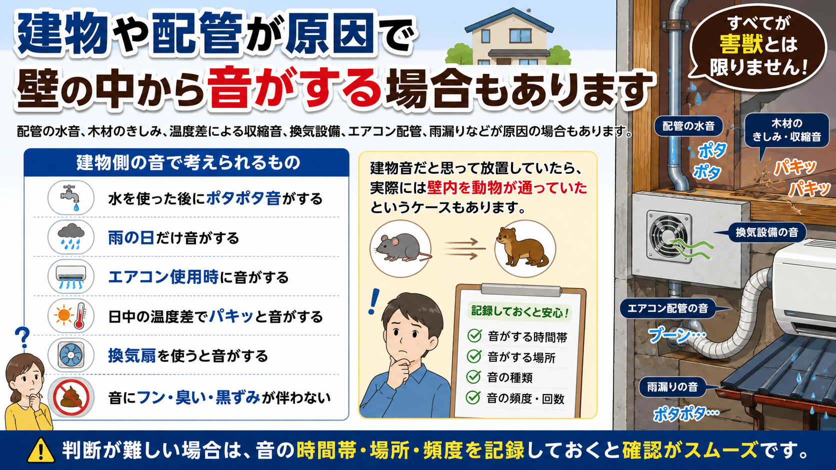 "壁の中から音がする原因として、配管の水音・木材のきしみ・温度差・換気設備・エアコン配管・雨漏りなど建物側の可能性と記録ポイントをまとめた解説図"