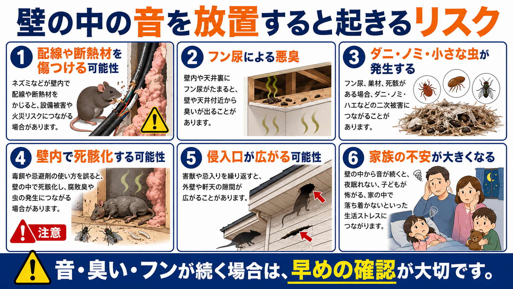 壁の中の音を放置した場合に起こり得る、配線や断熱材の損傷、フン尿による悪臭、ダニやノミの発生、死骸化、侵入口の拡大、家族の不安をまとめた解説図"
