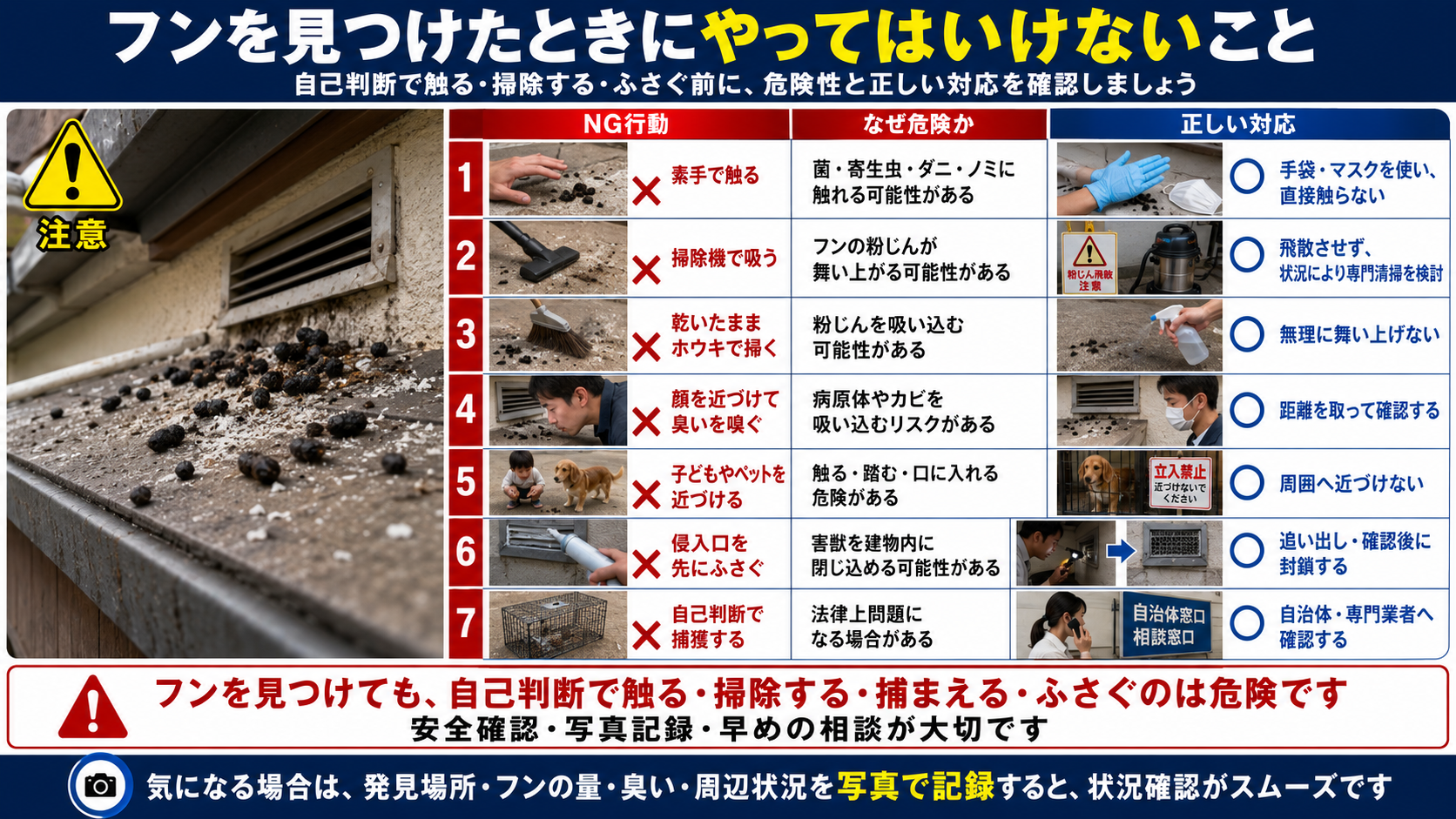 フンを見つけたときにやってはいけないことを写真付きで解説したインフォグラフィック。素手で触る、掃除機で吸う、乾いたままホウキで掃く、顔を近づけて臭いを嗅ぐ、子どもやペットを近づける、侵入口を先にふさぐ、自己判断で捕獲するなどのNG行動と、その危険性、正しい対応を比較して分かりやすくまとめた害獣対策画像。