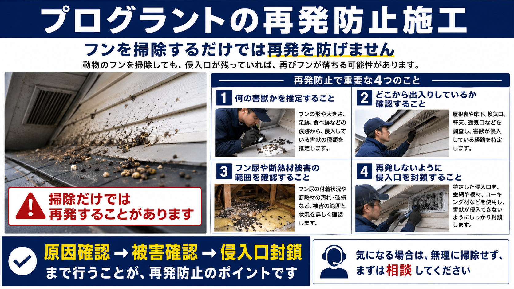 プログラントの再発防止施工を写真付きで解説したインフォグラフィック。動物のフンは掃除だけでは再発を防げないこと、害獣の種類の推定、侵入口の特定、フン尿や断熱材被害の確認、侵入口封鎖まで行う再発防止対策の流れを分かりやすくまとめた害獣対策画像。
