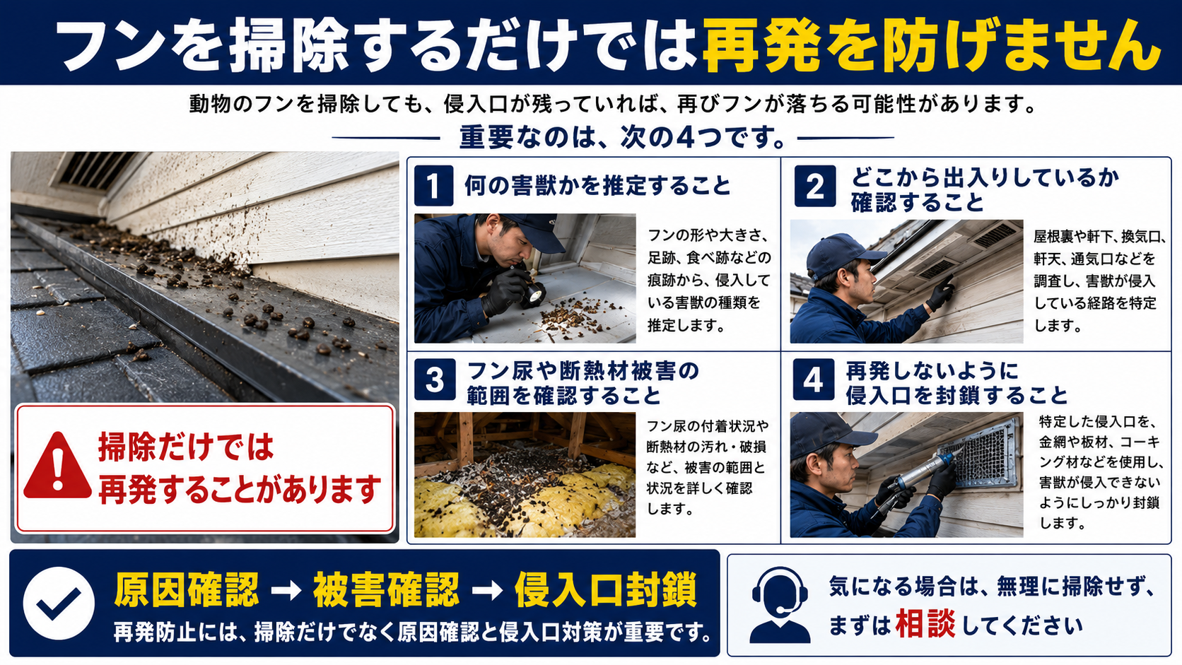 フンを掃除するだけでは再発を防げないことを写真付きで解説したインフォグラフィック。害獣の種類の推定、侵入口の特定、フン尿や断熱材被害の確認、侵入口封鎖までの4つの再発防止ポイントを分かりやすくまとめた害獣対策画像。