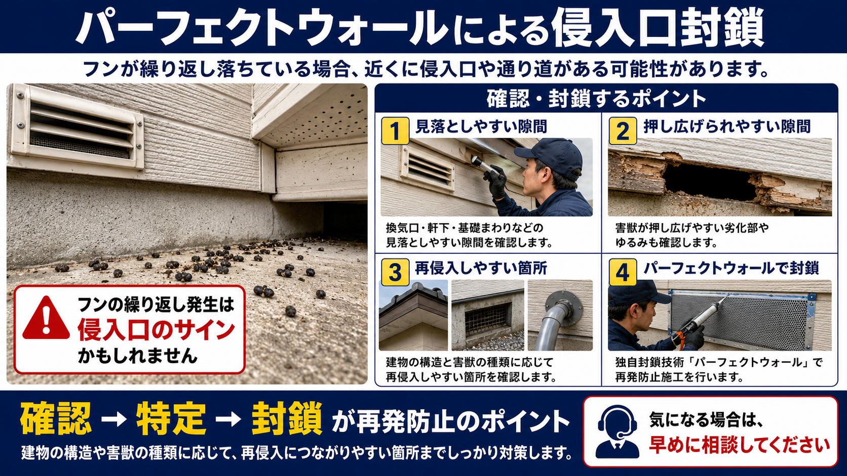 パーフェクトウォールによる侵入口封鎖を写真付きで解説したインフォグラフィック。フンの繰り返し発生が侵入口のサインであること、見落としやすい隙間や押し広げられやすい隙間、再侵入しやすい箇所を確認し、独自封鎖技術パーフェクトウォールで再発防止施工を行う流れを分かりやすくまとめた害獣対策画像。