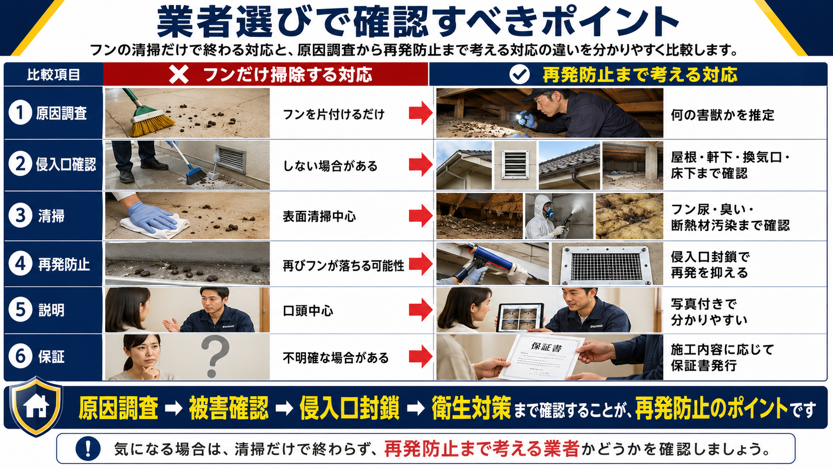 業者選びで確認すべきポイントを写真付きで比較したインフォグラフィック。フンだけ掃除する対応と、原因調査・侵入口確認・フン尿や臭いの確認・侵入口封鎖・写真付き説明・保証書発行まで行う再発防止対応の違いを分かりやすくまとめた害獣対策画像。