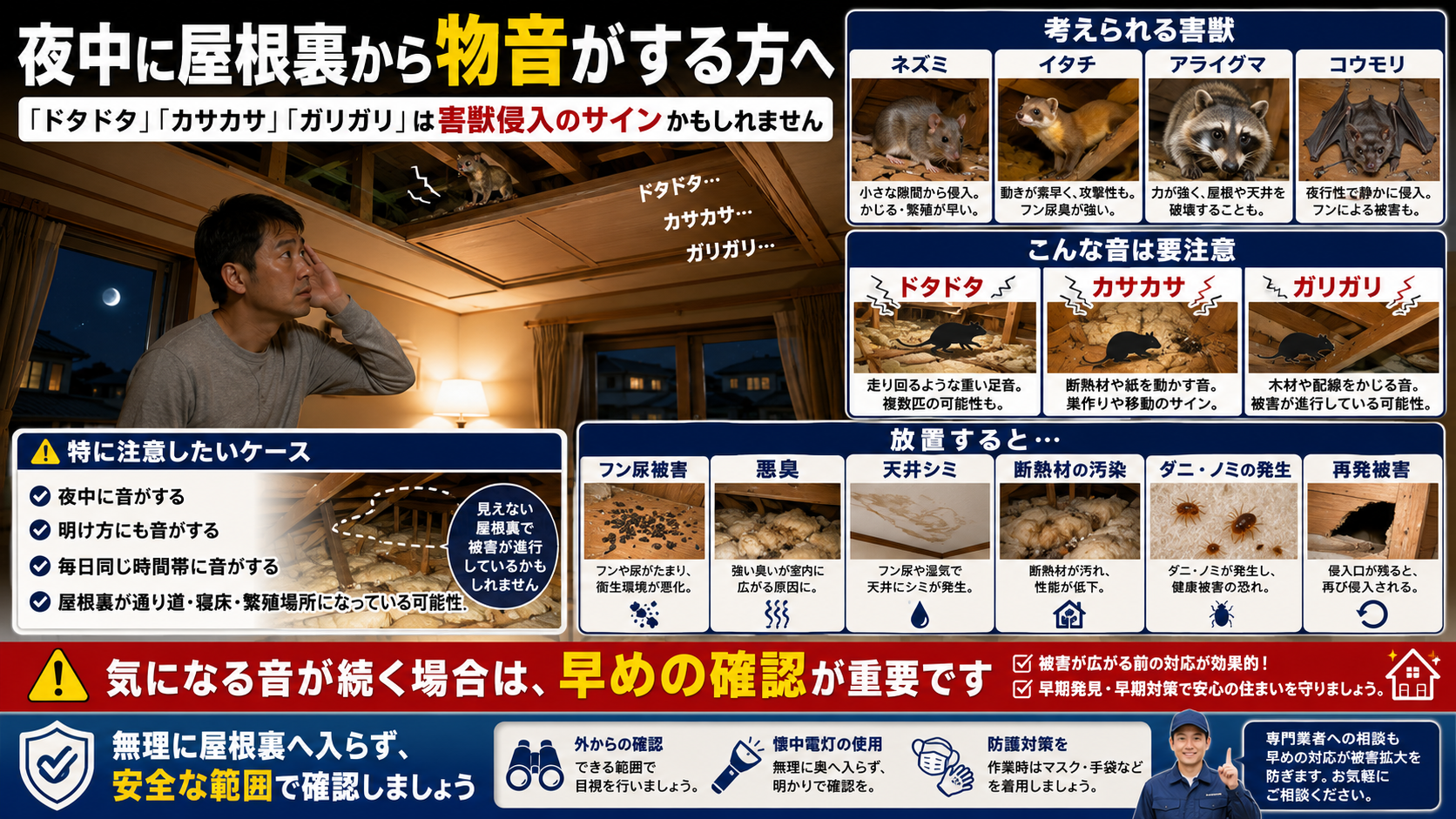 夜中に屋根裏から「ドタドタ」「カサカサ」「ガリガリ」と物音がしていませんか？ その音は、ネズミ・イタチ・アライグマ・コウモリなどの害獣が、屋根裏や天井裏に侵入しているサインかもしれません。 特に、夜中・明け方・毎日同じ時間帯に音がする場合は、屋根裏を通り道、寝床、繁殖場所として使われている可能性があります。 放置すると、フン尿被害、悪臭、天井シミ、断熱材の汚染、ダニ・ノミの発生、再発被害につながることがあります。