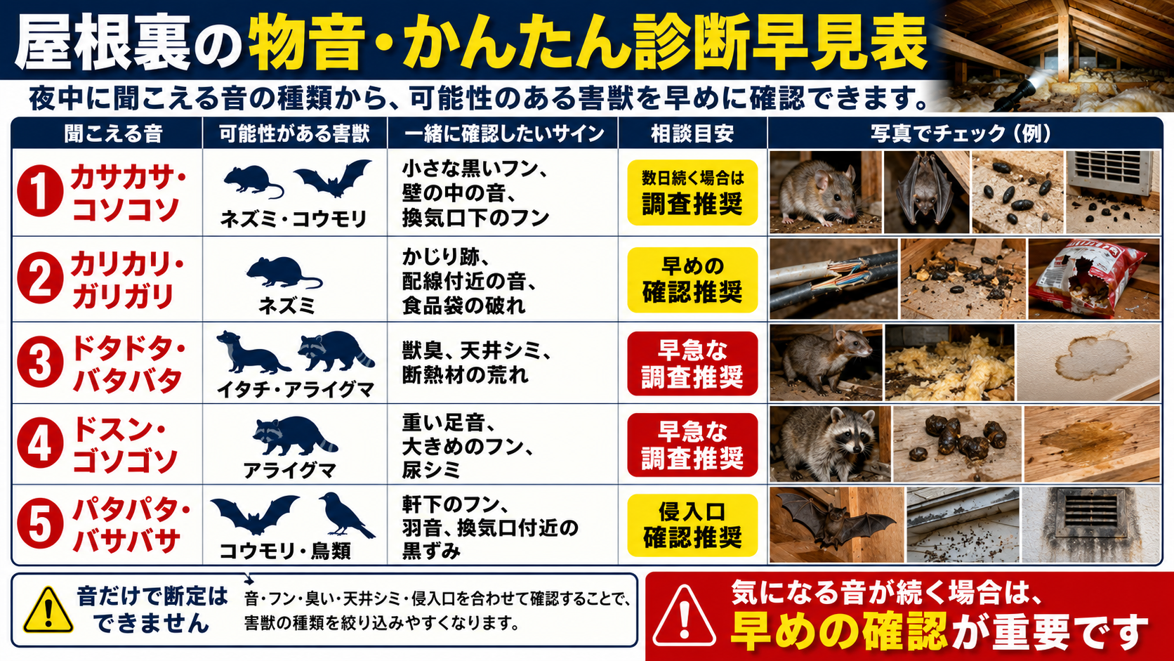 屋根裏の物音から害獣の種類を見分ける早見表を写真付きで解説したインフォグラフィック。カサカサ・コソコソ、カリカリ・ガリガリ、ドタドタ・バタバタ、ドスン・ゴソゴソ、パタパタ・バサバサなどの音ごとに、ネズミ・イタチ・アライグマ・コウモリ・鳥類の可能性、フン・臭い・天井シミ・侵入口など一緒に確認したいサイン、相談目安を分かりやすくまとめた害獣対策画像。