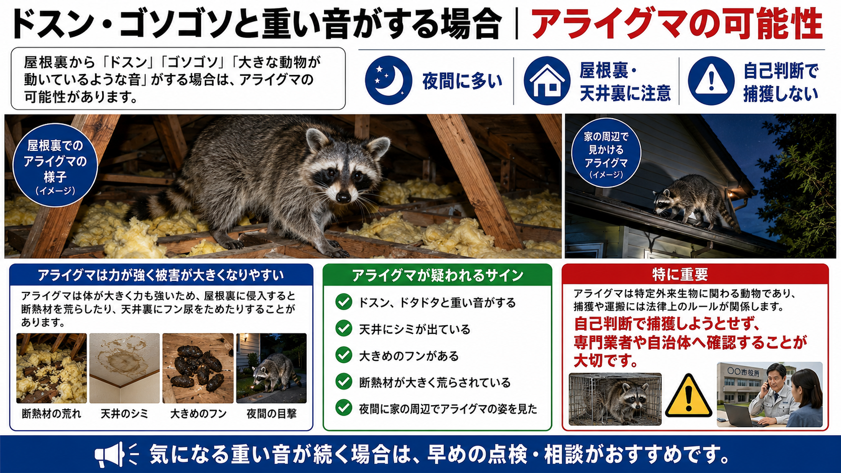 ドスン・ゴソゴソと重い音がする場合にアライグマ侵入の可能性を解説し、屋根裏や家の周辺のアライグマの写真、重い足音・天井のシミ・大きめのフン・断熱材の荒れなどのサイン、自己判断で捕獲せず専門業者や自治体へ確認する重要性をまとめた画像