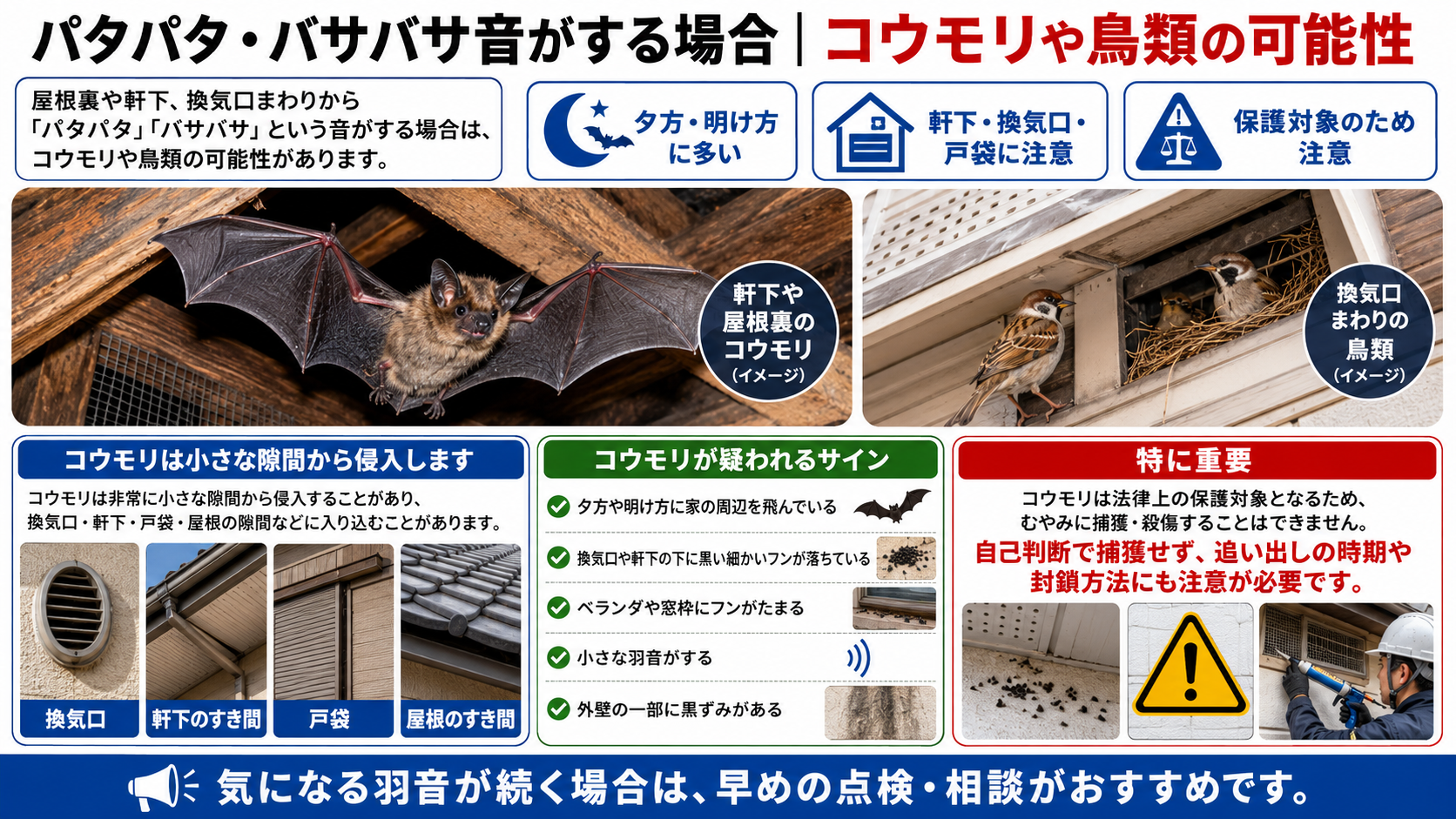 パタパタ・バサバサ音がする場合にコウモリや鳥類侵入の可能性を解説し、軒下や屋根裏のコウモリ、換気口まわりの鳥類の写真、黒い細かいフンや外壁の黒ずみなどのサイン、換気口・軒下・戸袋・屋根の隙間などの侵入口例、捕獲や殺傷ができないため追い出し時期や封鎖方法に注意が必要なことをまとめた画像
