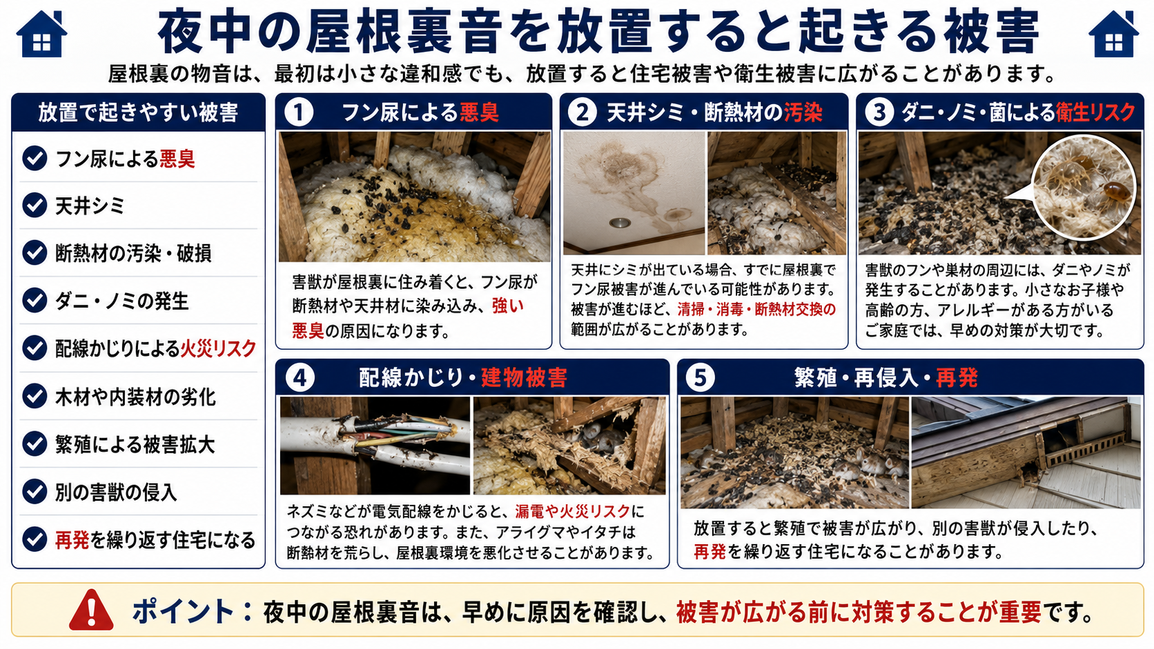 夜中の屋根裏音を放置すると起きる被害を解説した図で、悪臭・天井シミ・断熱材汚染・ダニやノミ・配線かじり・再発リスクを紹介