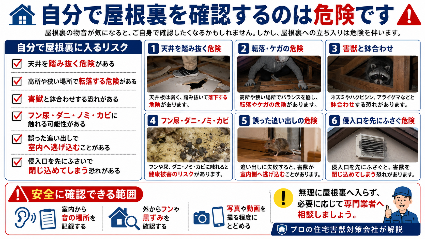 屋根裏の物音を自分で確認する危険性と、天井踏み抜き・転落・害獣との鉢合わせ・フン尿やダニ被害・侵入口封鎖の注意点を解説した画像