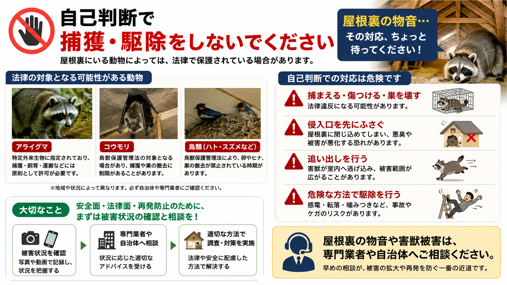 屋根裏の害獣を自己判断で捕獲・駆除する危険性と、アライグマ・コウモリ・鳥類の法律確認、侵入口封鎖や追い出し前の専門相談の重要性を解説した画像