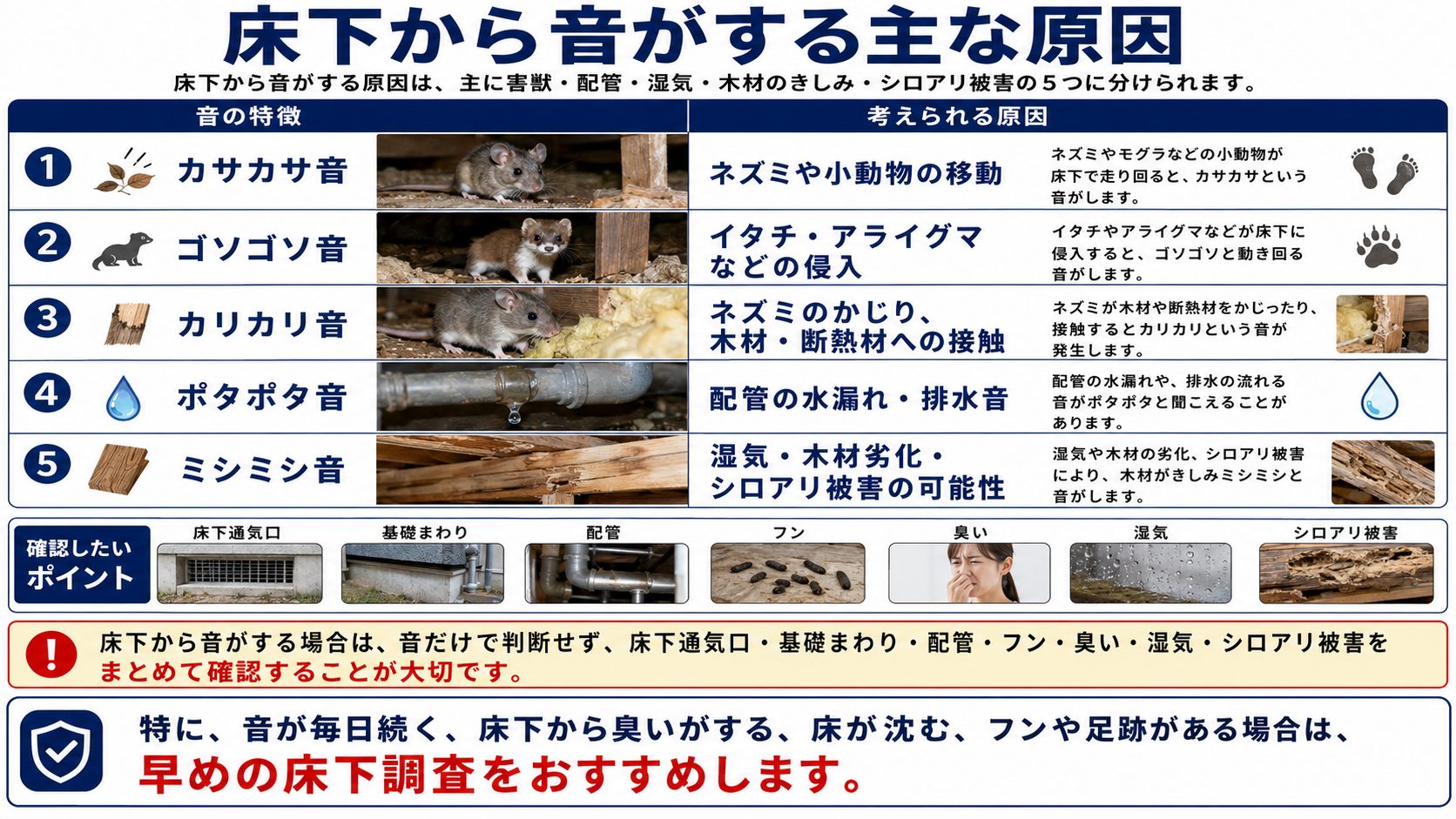 床下から音がする主な原因を解説し、カサカサ・ゴソゴソ・カリカリ・ポタポタ・ミシミシ音と、ネズミ・イタチ・アライグマ・配管・湿気・シロアリ被害の可能性をまとめた画像