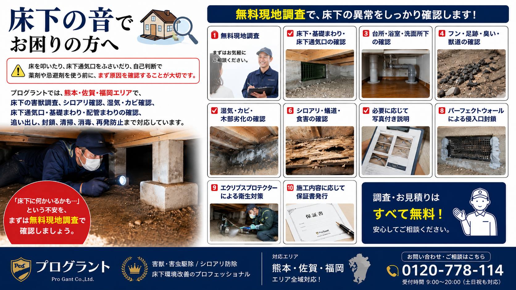 床下の音でお困りの方向けに、プログラントの無料現地調査で床下害獣調査・シロアリ確認・湿気カビ確認・床下通気口や基礎まわり確認・侵入口封鎖・清掃消毒・再発防止まで対応する案内画像