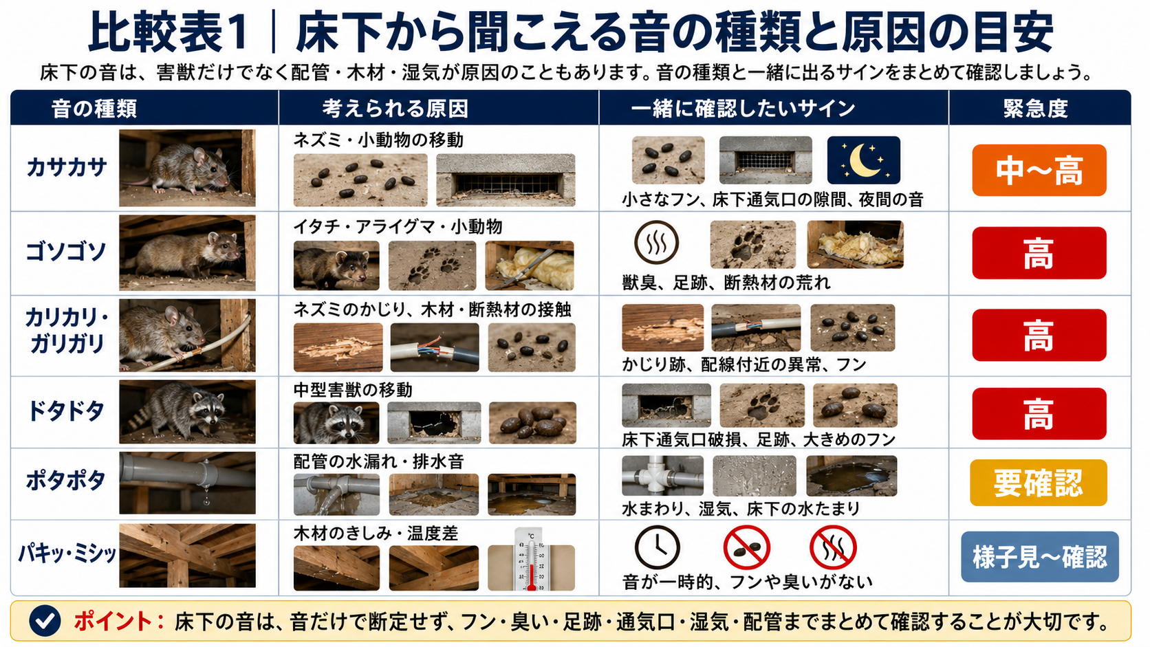 床下から聞こえるカサカサ・ゴソゴソ・カリカリ・ドタドタ・ポタポタ・ミシミシ音の原因を比較し、ネズミ・イタチ・アライグマ・配管水漏れ・木材のきしみの見分け方と緊急度を解説した表