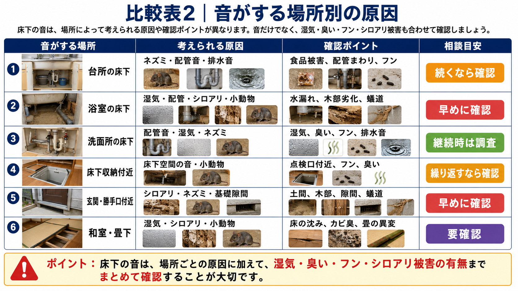 床下から音がする場所別の原因を比較し、台所・浴室・洗面所・床下収納・玄関・和室の床下で考えられるネズミ・シロアリ・配管音・湿気・小動物被害と確認ポイントを解説した表