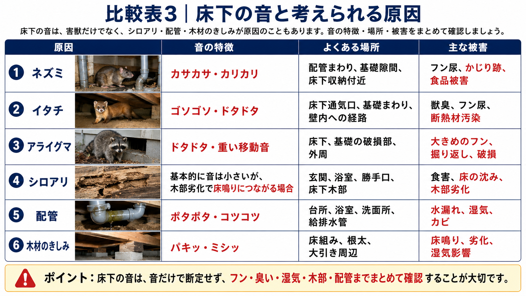 床下の音と考えられる原因を比較し、ネズミ・イタチ・アライグマ・シロアリ・配管・木材のきしみによる音の特徴、発生場所、フン尿・臭い・湿気・木部劣化などの被害を解説した表