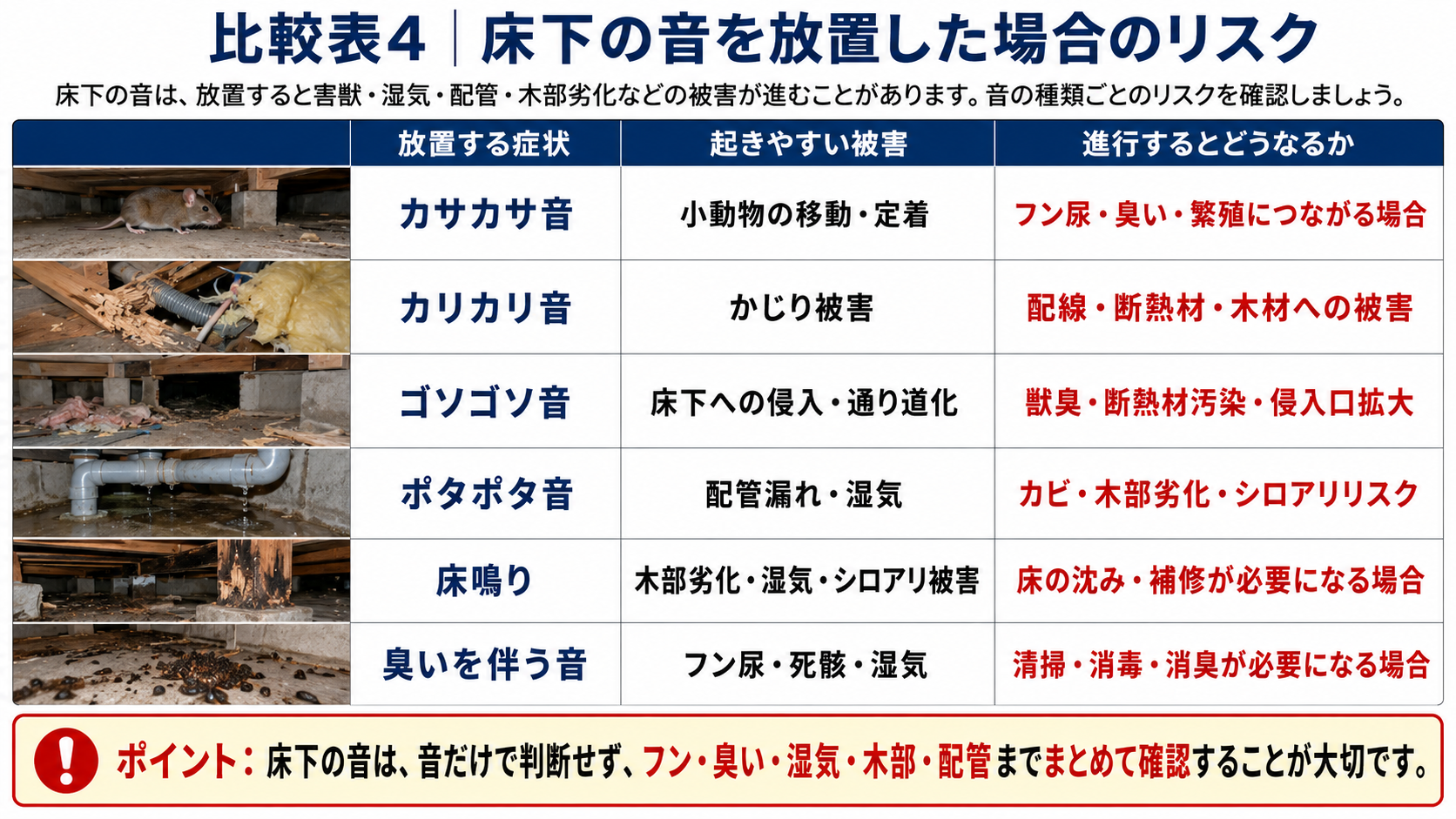 床下の音を放置した場合のリスクを比較し、カサカサ音・カリカリ音・ゴソゴソ音・ポタポタ音・床鳴り・臭いを伴う音ごとの被害と進行後の影響を解説した表