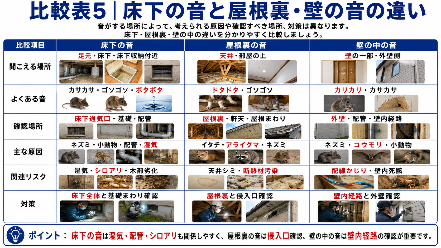 床下の音と屋根裏・壁の中の音の違いを比較し、聞こえる場所・音の種類・確認場所・主な原因・湿気やシロアリ被害・天井シミ・配線かじりなどのリスクと対策を解説した表