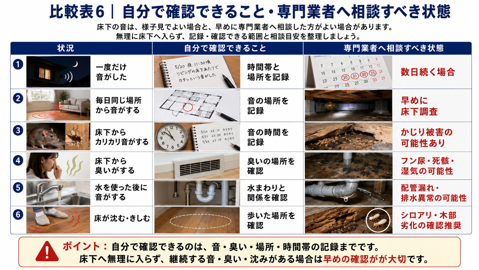 床下の音で自分で確認できることと専門業者へ相談すべき状態を比較し、毎日続く音・カリカリ音・臭い・配管漏れ・床の沈み・シロアリや木部劣化の確認目安を解説した表