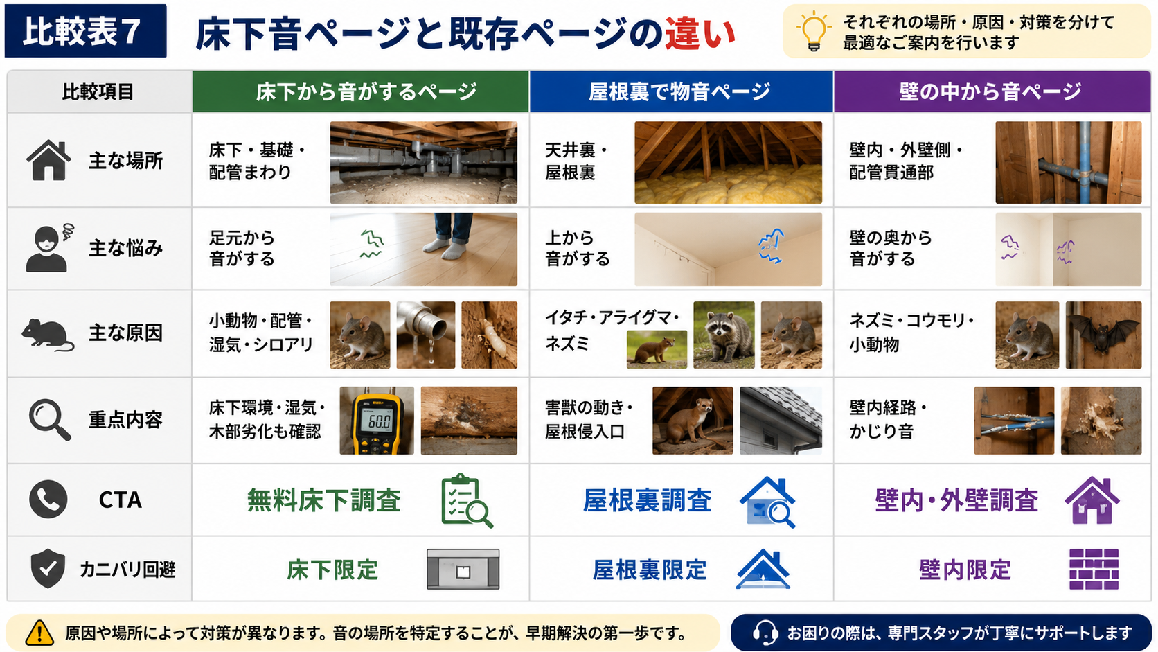 床下から音がするページと屋根裏で物音ページ・壁の中から音ページの違いを比較し、床下・屋根裏・壁内の原因、確認場所、CTA、カニバリ回避のポイントを解説した表