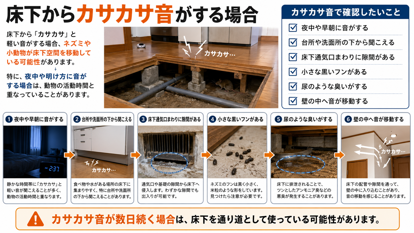 床下から音がする原因と対策|カサカサ・ゴソゴソ音の正体を解説