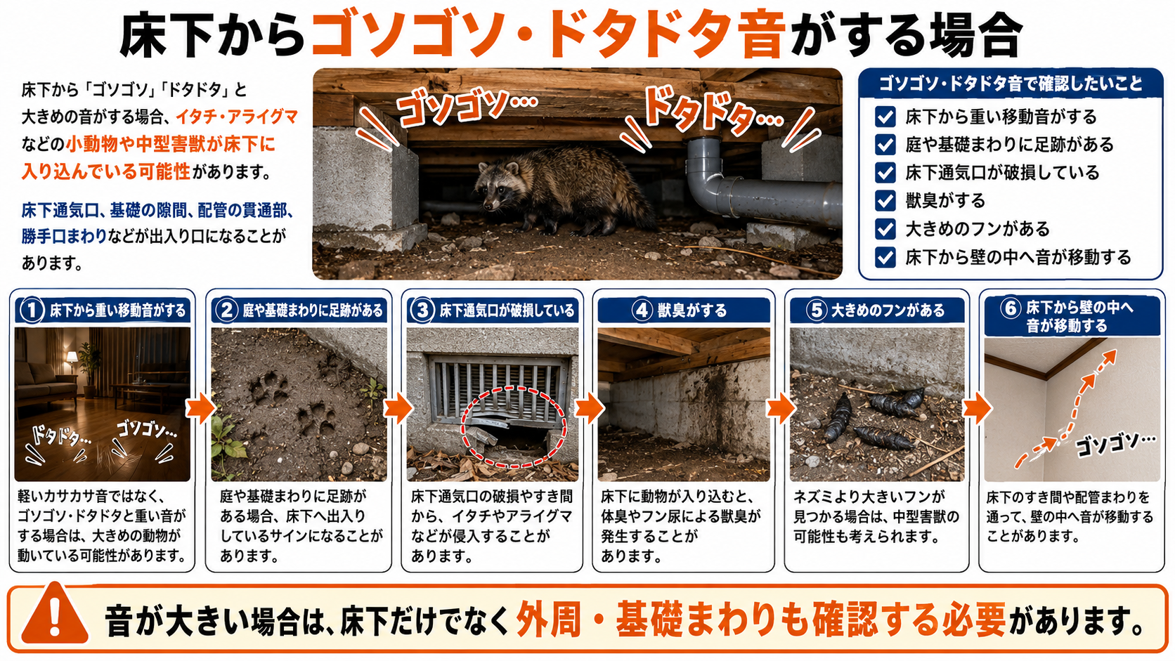 床下からゴソゴソ・ドタドタ音がする場合に、イタチ・アライグマなどの小動物や中型害獣が床下に入り込んでいる可能性、重い移動音、庭や基礎まわりの足跡、床下通気口の破損、獣臭、大きめのフン、床下から壁の中へ音が移動する確認ポイントを写真付きで解説する画像