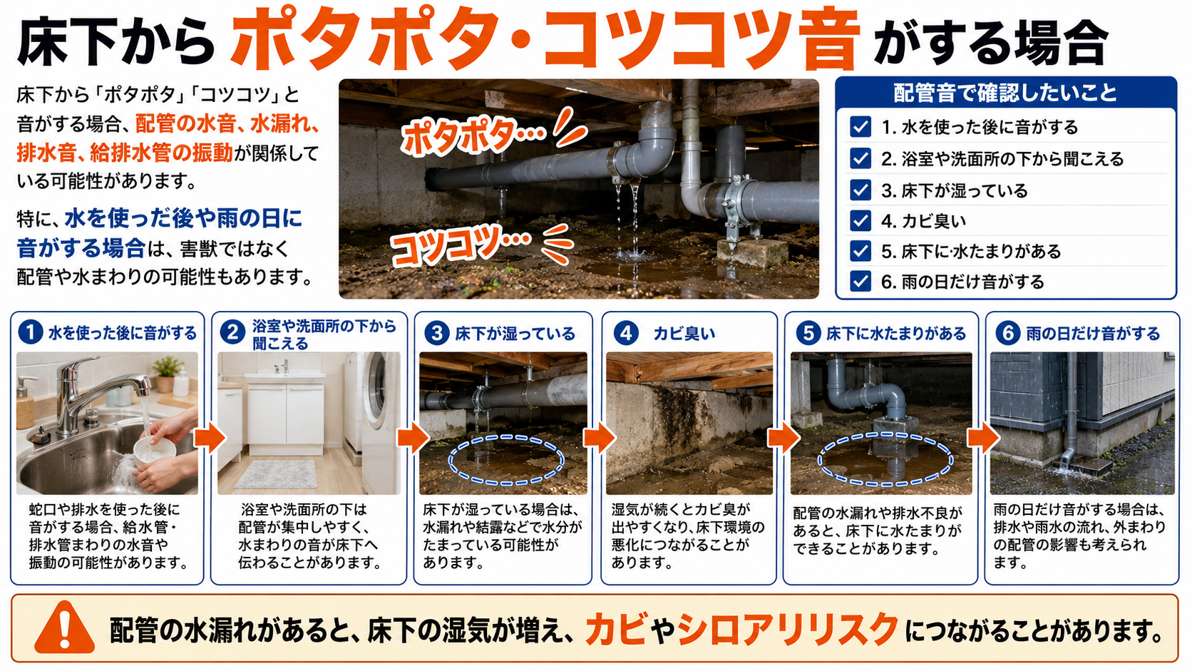 床下からポタポタ・コツコツ音がする場合に、配管の水音や水漏れ、排水音、給排水管の振動の可能性、水を使った後の音、浴室や洗面所の下、床下の湿り、水たまり、カビ臭、雨の日だけ音がする状況を写真付きで解説する画像