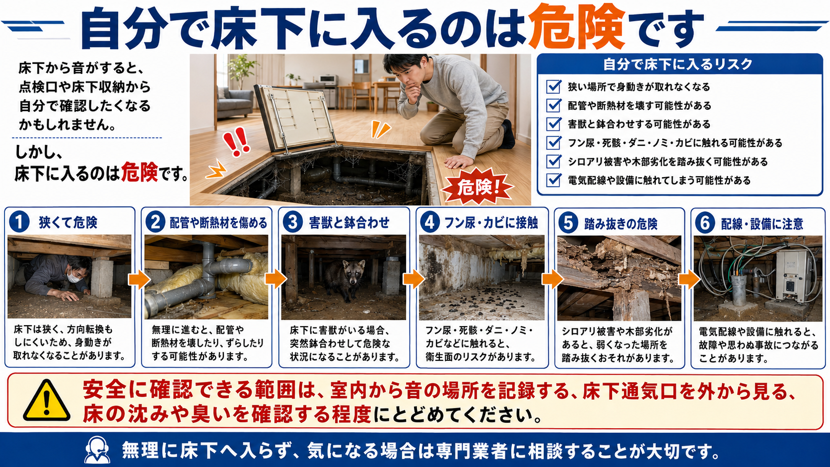 床下に自分で入る危険性を解説する画像。床下から音がする時の注意点として、狭い床下での身動き不能、配管や断熱材の破損、害獣との鉢合わせ、フン尿・死骸・ダニ・ノミ・カビ接触、シロアリ被害や木部劣化による踏み抜き、電気配線トラブルのリスクを写真付きで紹介し、安全な床下点検の範囲も案内