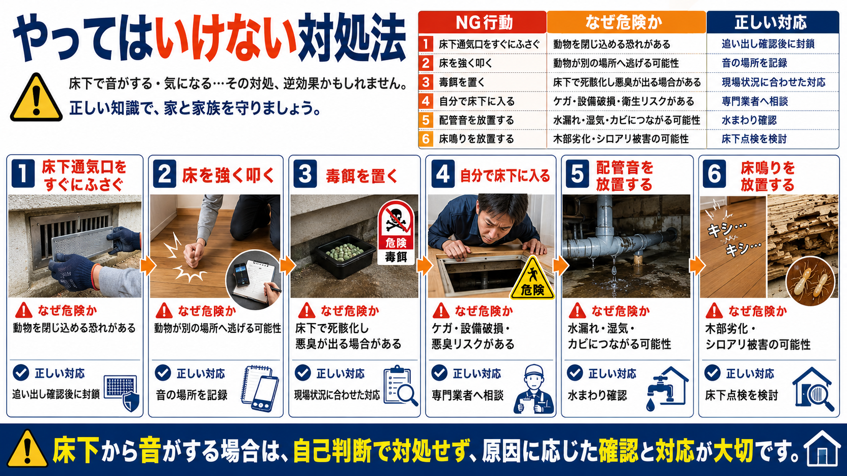 床下から音がする時のやってはいけない対処法を解説する画像。床下通気口をすぐにふさぐ、床を強く叩く、毒餌を置く、自分で床下に入る、配管音を放置する、床鳴りを放置するNG行動と、害獣対策・床下点検・シロアリ被害・水漏れ確認の正しい対応を写真付きで紹介
