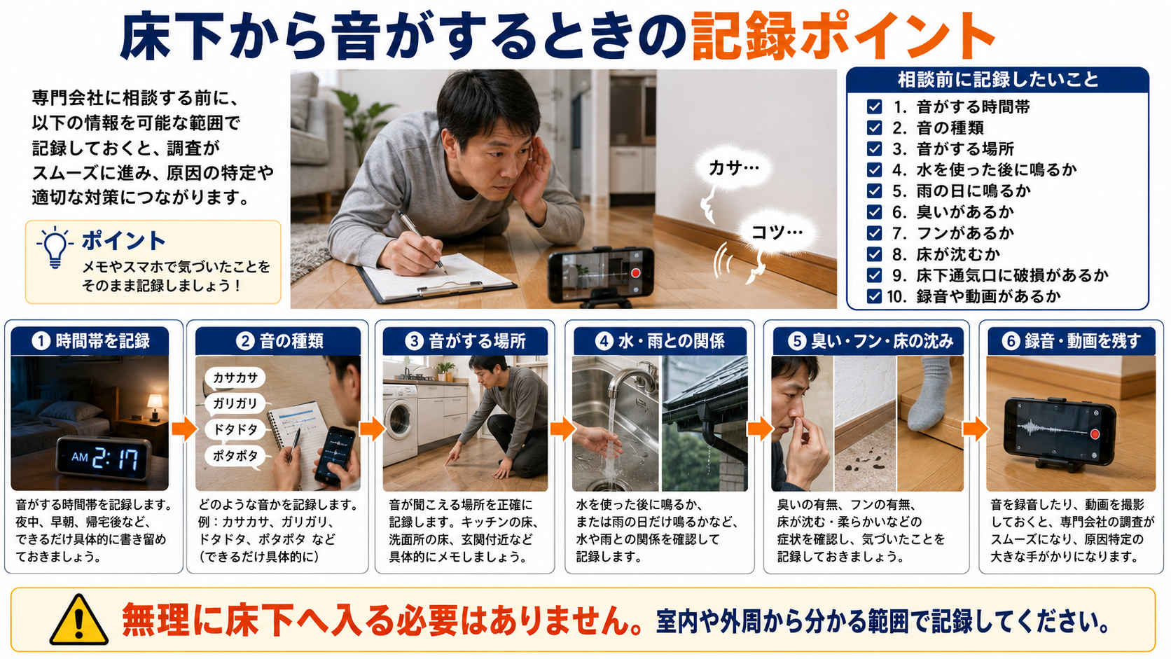 床下から音がするときの記録ポイントを解説する画像。専門業者へ相談する前に、音がする時間帯、音の種類、音がする場所、水を使った後や雨の日との関係、臭い・フン・床の沈み、床下通気口の破損、録音や動画の有無を室内や外周から安全に記録する方法を写真付きで紹介
