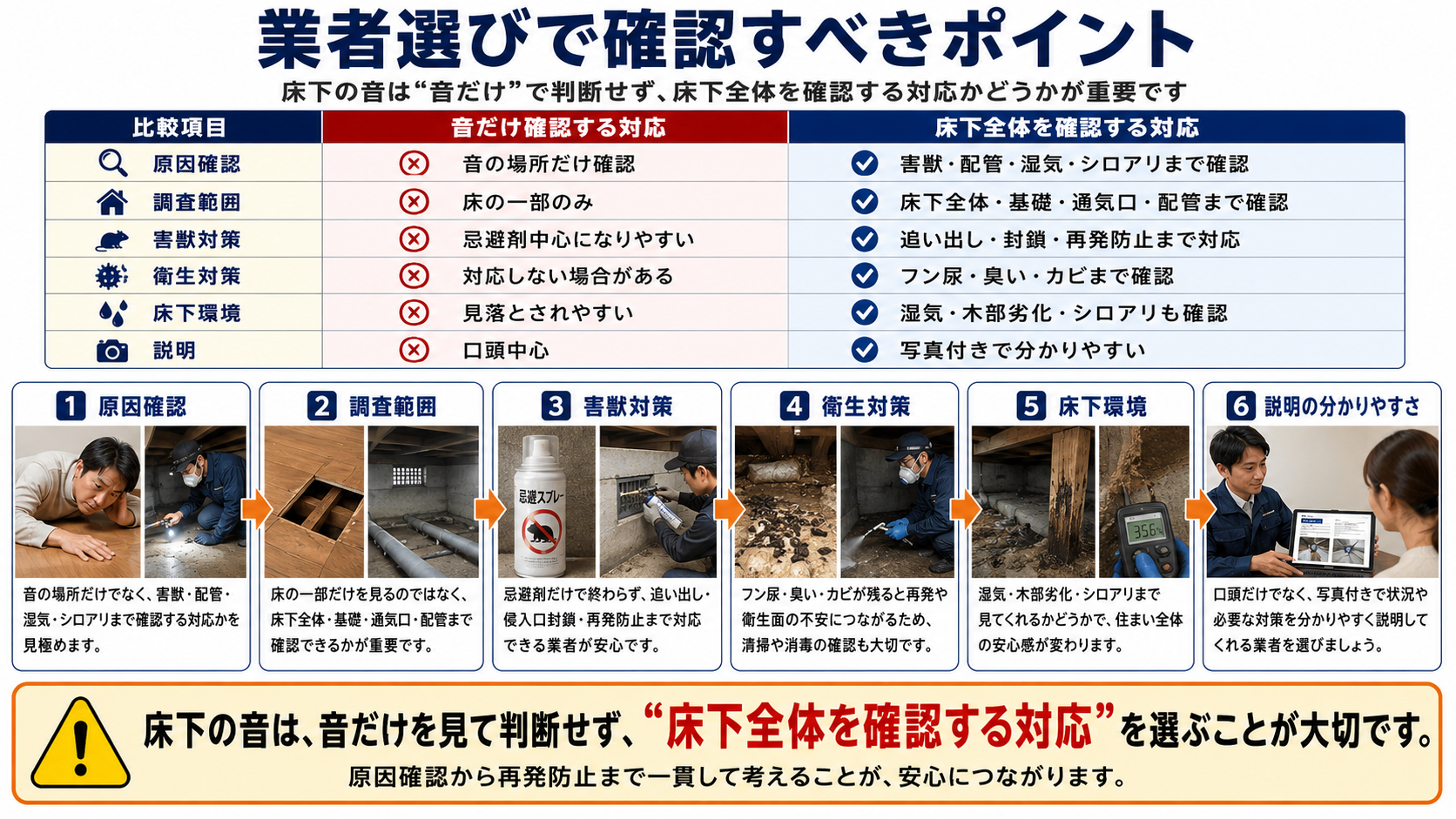 床下から音がする時の業者選びで確認すべきポイントを解説する画像。音だけ確認する対応と床下全体を確認する対応を比較し、原因確認、調査範囲、害獣対策、衛生対策、床下環境、写真付き説明の違いと、害獣・配管・湿気・シロアリ・木部劣化まで確認する重要性を紹介