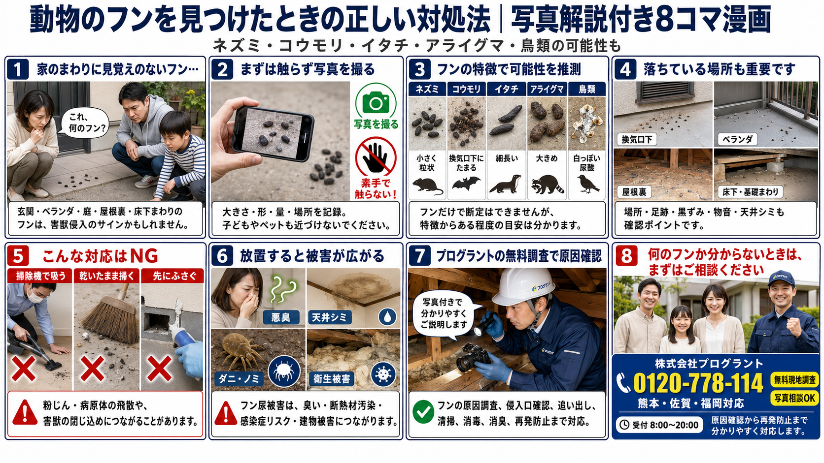 動物のフンを見つけたときの正しい対処法を、見分け方・落ちている場所・NG行動・放置リスク・無料調査の流れまで写真付き8コマ漫画で解説する株式会社プログラントの案内画像