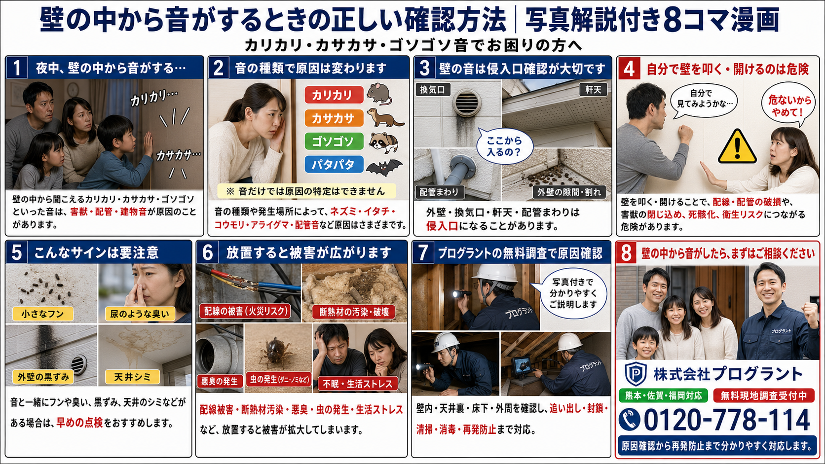 壁の中からカリカリ音やカサカサ音がする原因と、侵入口確認・NG対処・無料調査の流れを写真付き8コマ漫画で解説する株式会社プログラントの案内画像