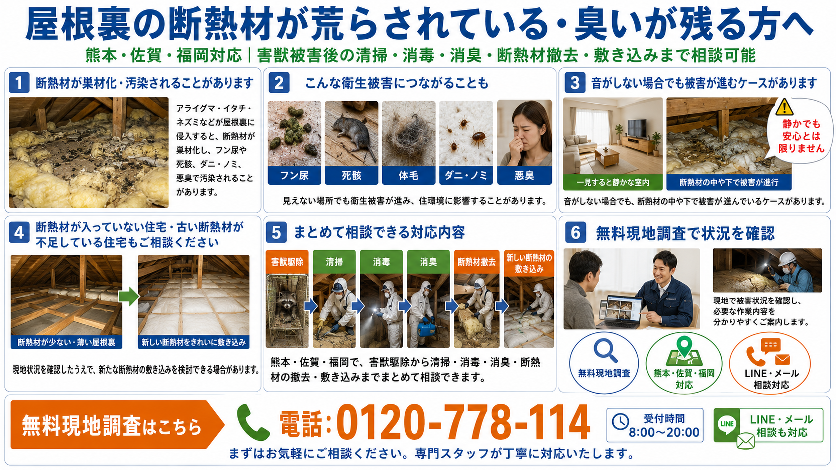 屋根裏の断熱材が害獣被害で汚染された場合の清掃・消毒・消臭・断熱材撤去・敷き込みを解説する株式会社プログラントの案内画像