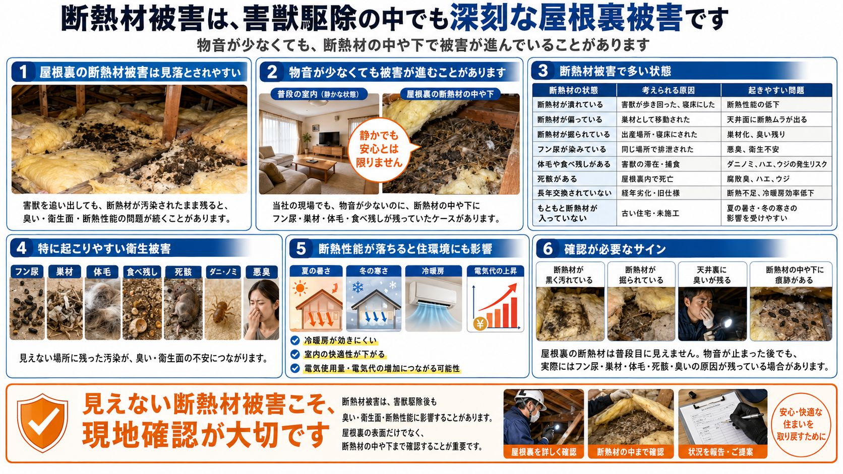 害獣駆除後も残りやすい屋根裏の断熱材被害と、フン尿・巣材・体毛・死骸・臭いの確認ポイントを写真付きで解説した画像