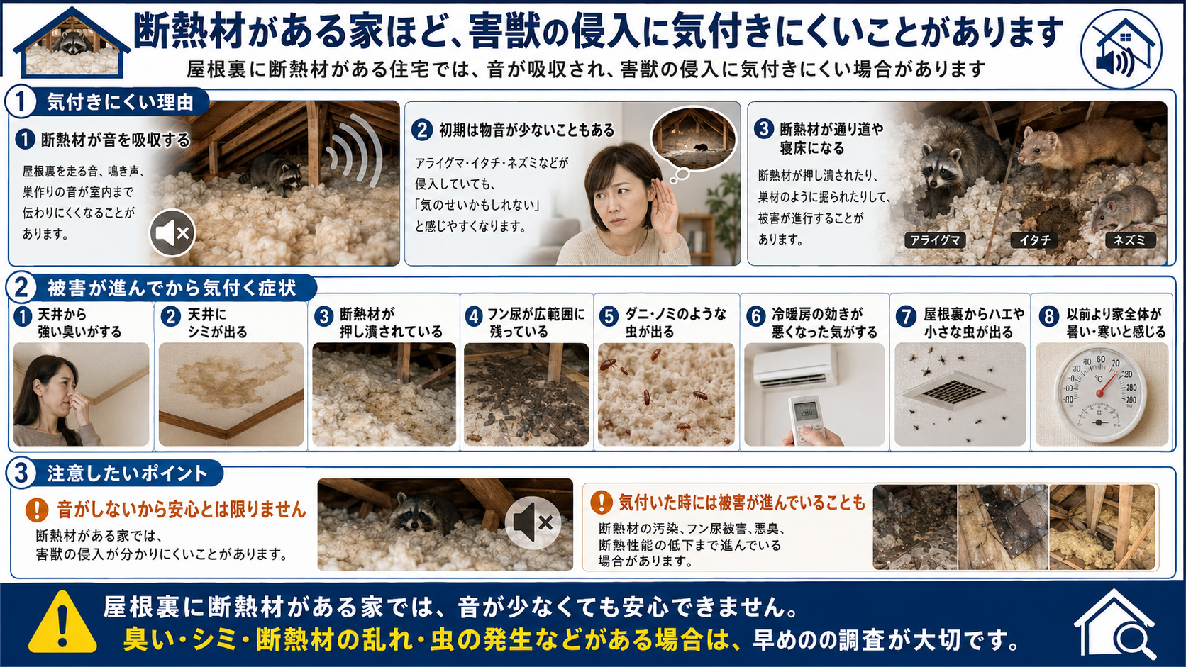 断熱材がある屋根裏では害獣の侵入音に気付きにくく、アライグマ・イタチ・ネズミによる断熱材汚染、フン尿被害、悪臭、天井シミ、虫の発生、断熱性能低下に注意が必要なことを解説した画像 