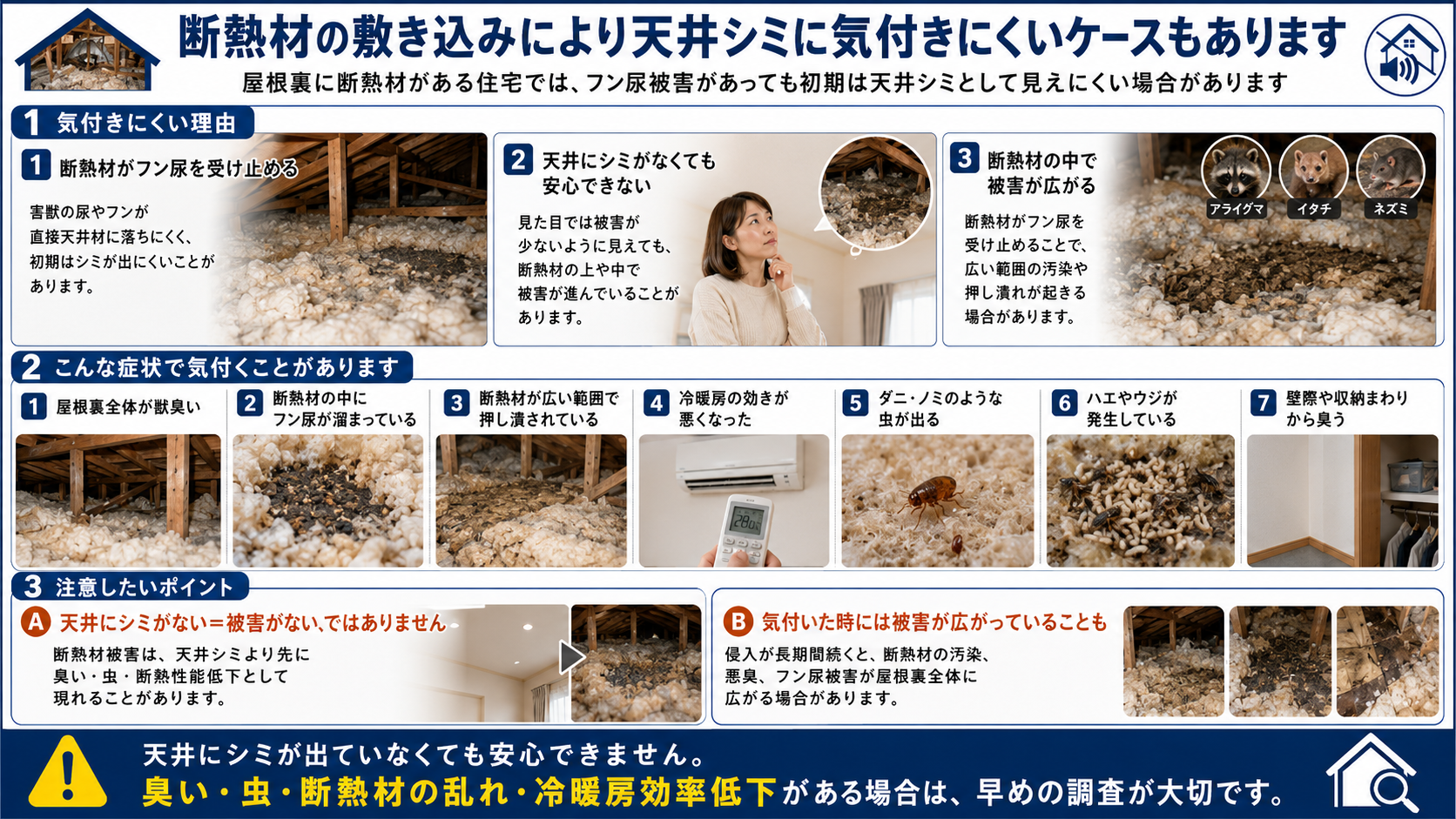 断熱材の敷き込みで天井シミに気付きにくい屋根裏害獣被害として、フン尿汚染、獣臭、断熱材の押し潰れ、虫の発生、冷暖房効率低下などの症状を解説した画像