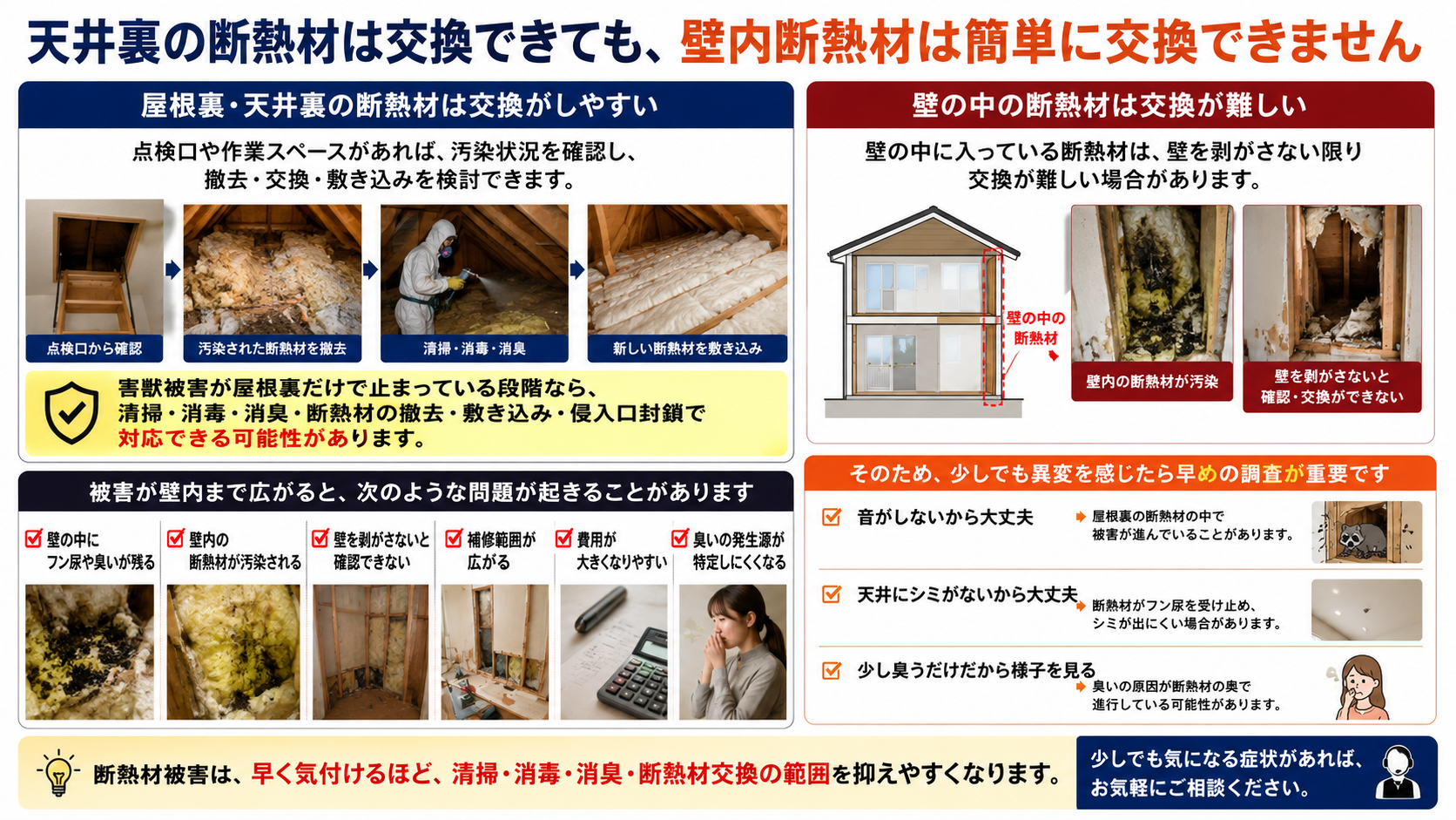 天井裏の断熱材は交換できても壁内断熱材は簡単に交換できないため、害獣によるフン尿汚染や臭いが壁内まで広がる前に早めの調査が重要なことを解説した画像 