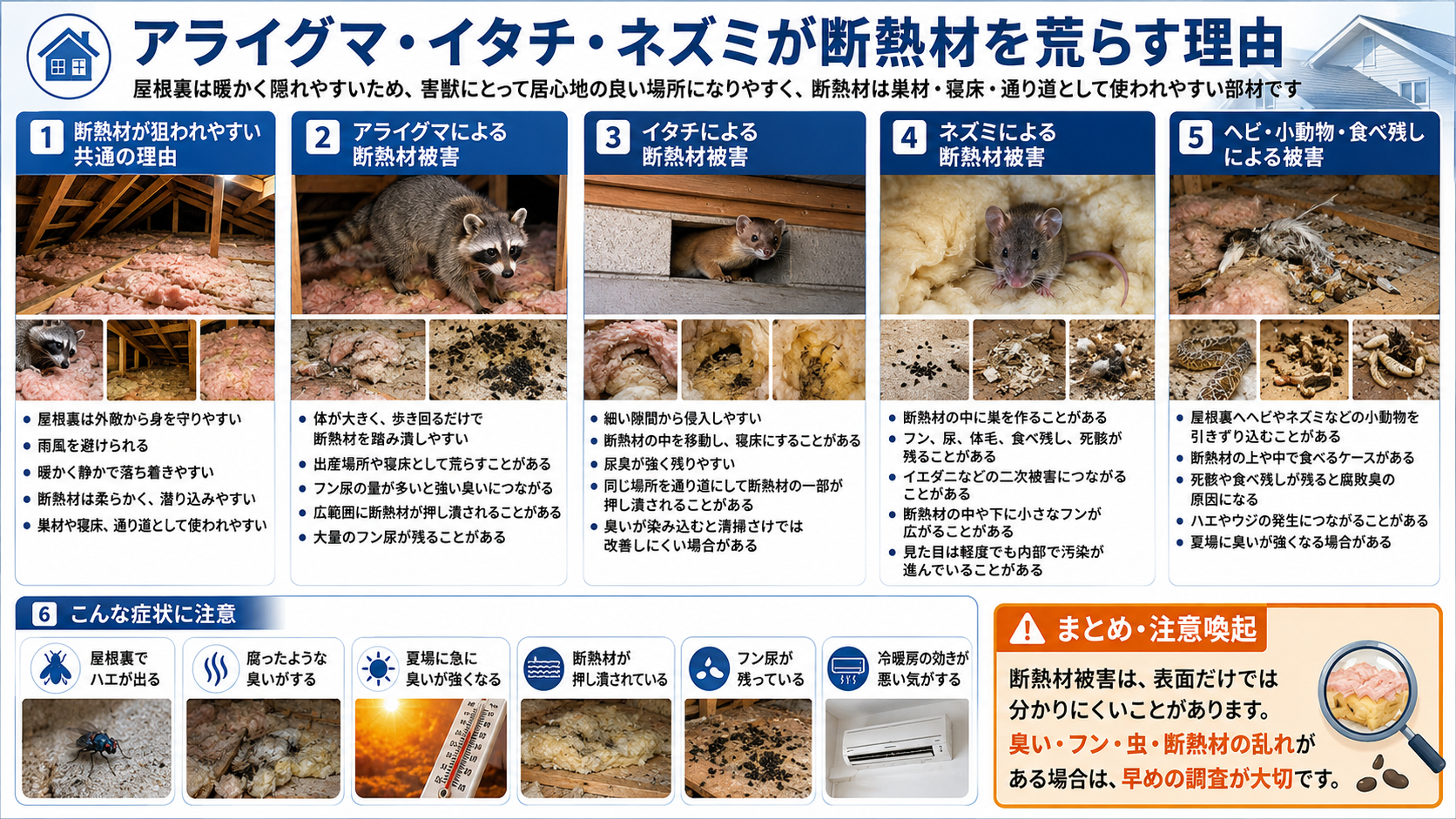 アライグマ・イタチ・ネズミが屋根裏の断熱材を荒らす理由と、フン尿汚染、臭い、虫の発生、断熱材の押し潰れなどの被害を解説した画像