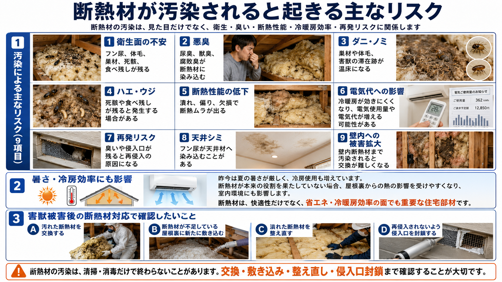 害獣による断熱材汚染のリスクとしてフン尿や死骸による衛生不安、悪臭、ダニ・ノミ、ハエ・ウジ、断熱性能低下、電気代への影響、再侵入、天井シミ、壁内被害拡大を解説した画像 