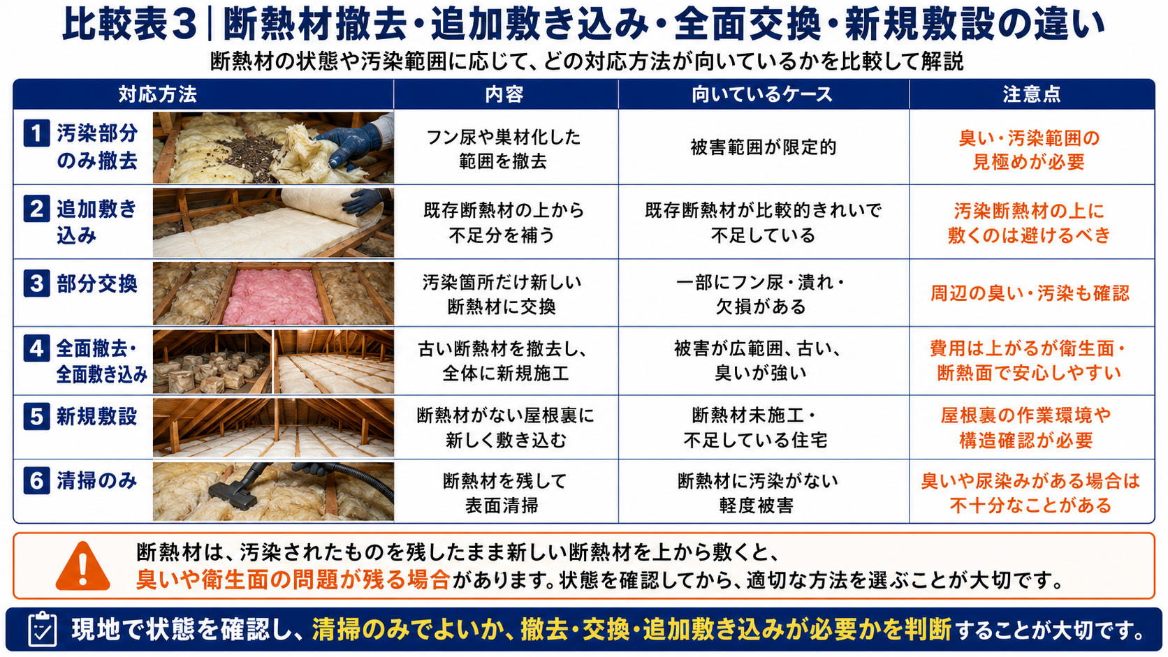 断熱材の汚染状況に応じた清掃のみ、汚染部分撤去、追加敷き込み、部分交換、全面撤去・全面敷き込み、新規敷設の違いと選び方を比較した画像 