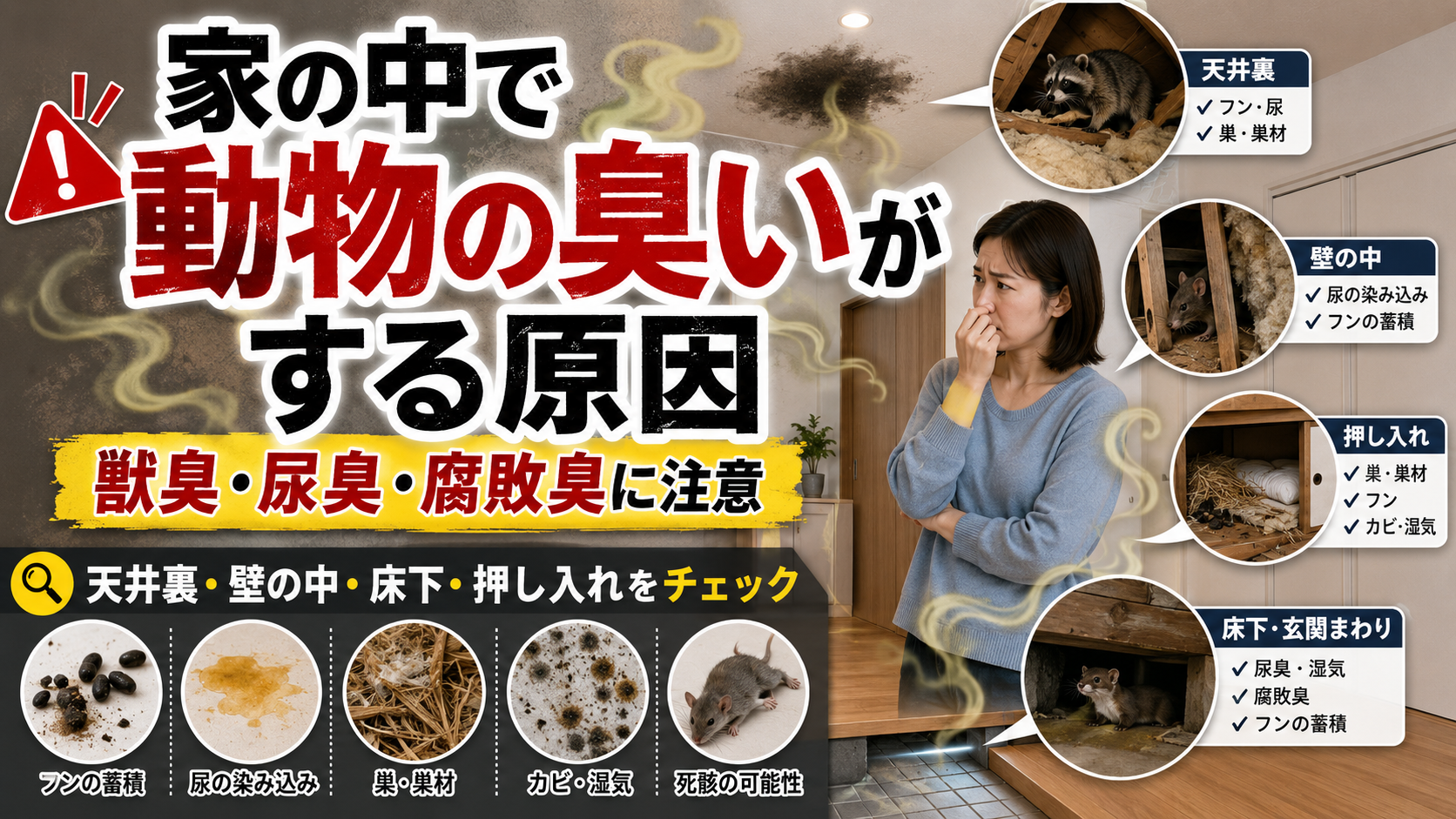 家の中で動物の臭いがする原因を示し、天井裏・壁の中・床下・押し入れのフン尿や巣材、カビ、腐敗臭への注意を解説した画像